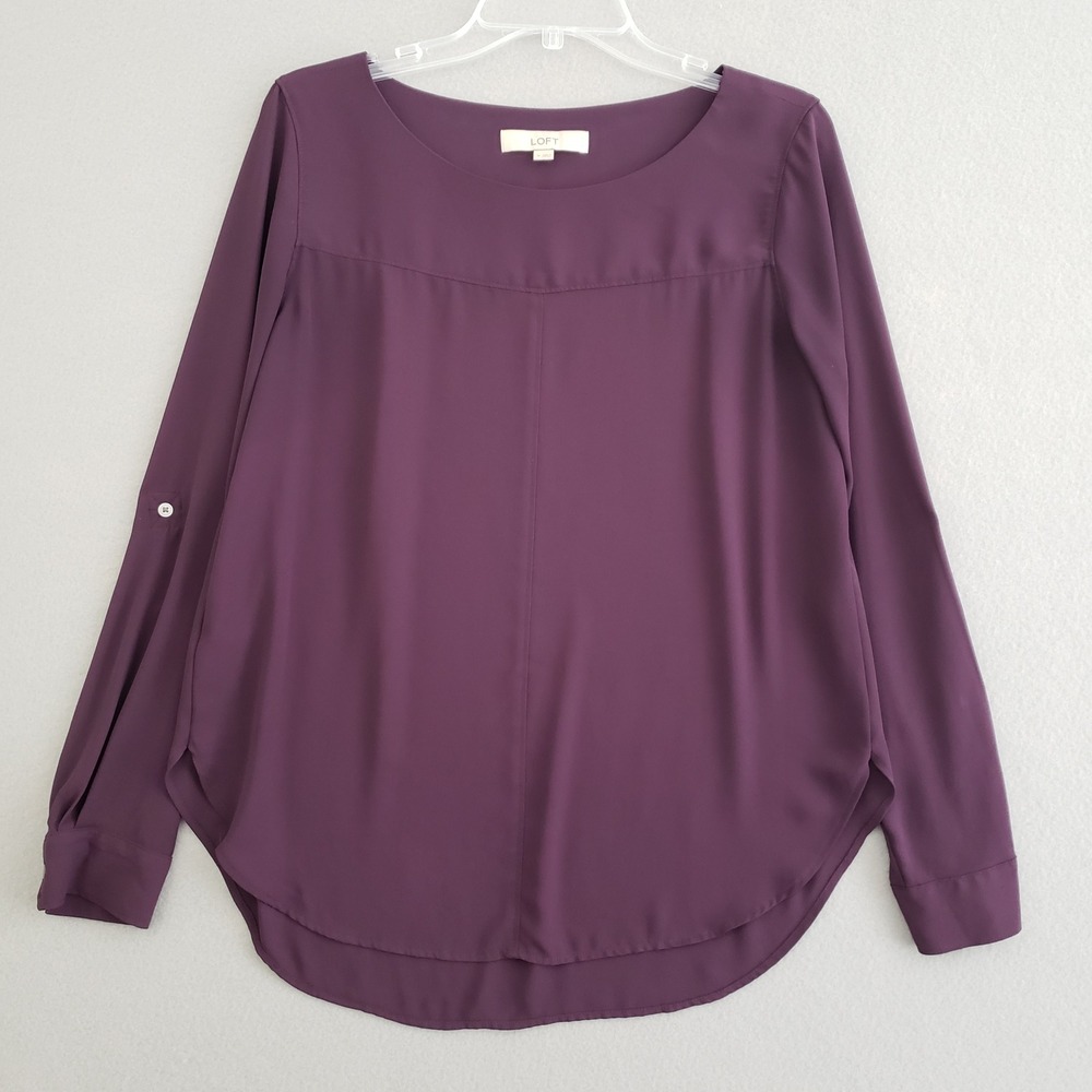 LOFT Womens Medium Purple Roll Tab Long Sleeve Scoop Neck Blouse Top Plum READ